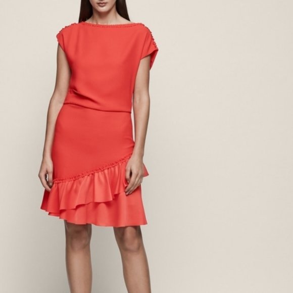 REISS Cecilia Frill-Detail Asymmetric Hem Dress Vermillion Sz 6-8 / M - Picture 2 of 15